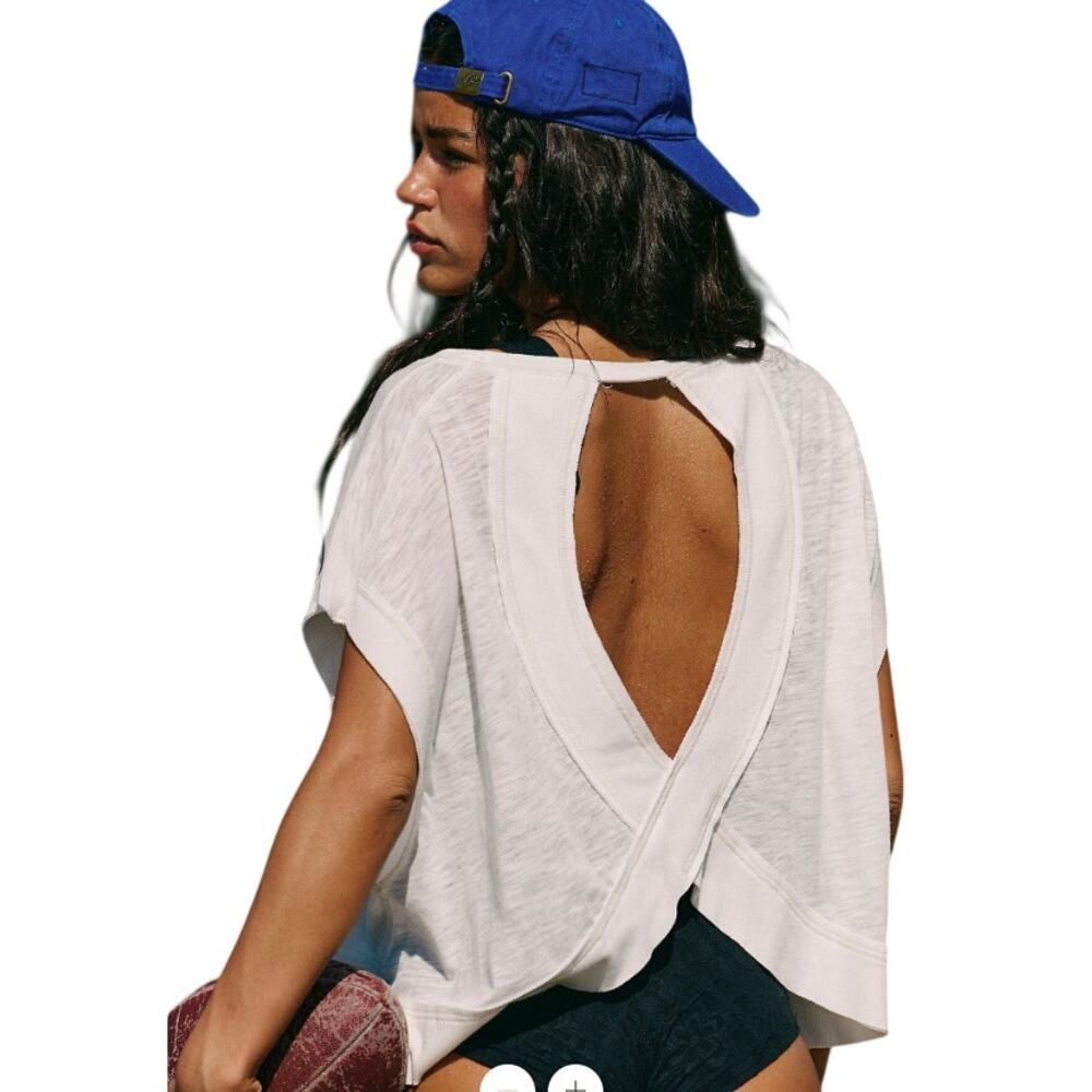 FP Movement My Time Tee White Open Twist Cutout Back Crop Top Shirt Size Large